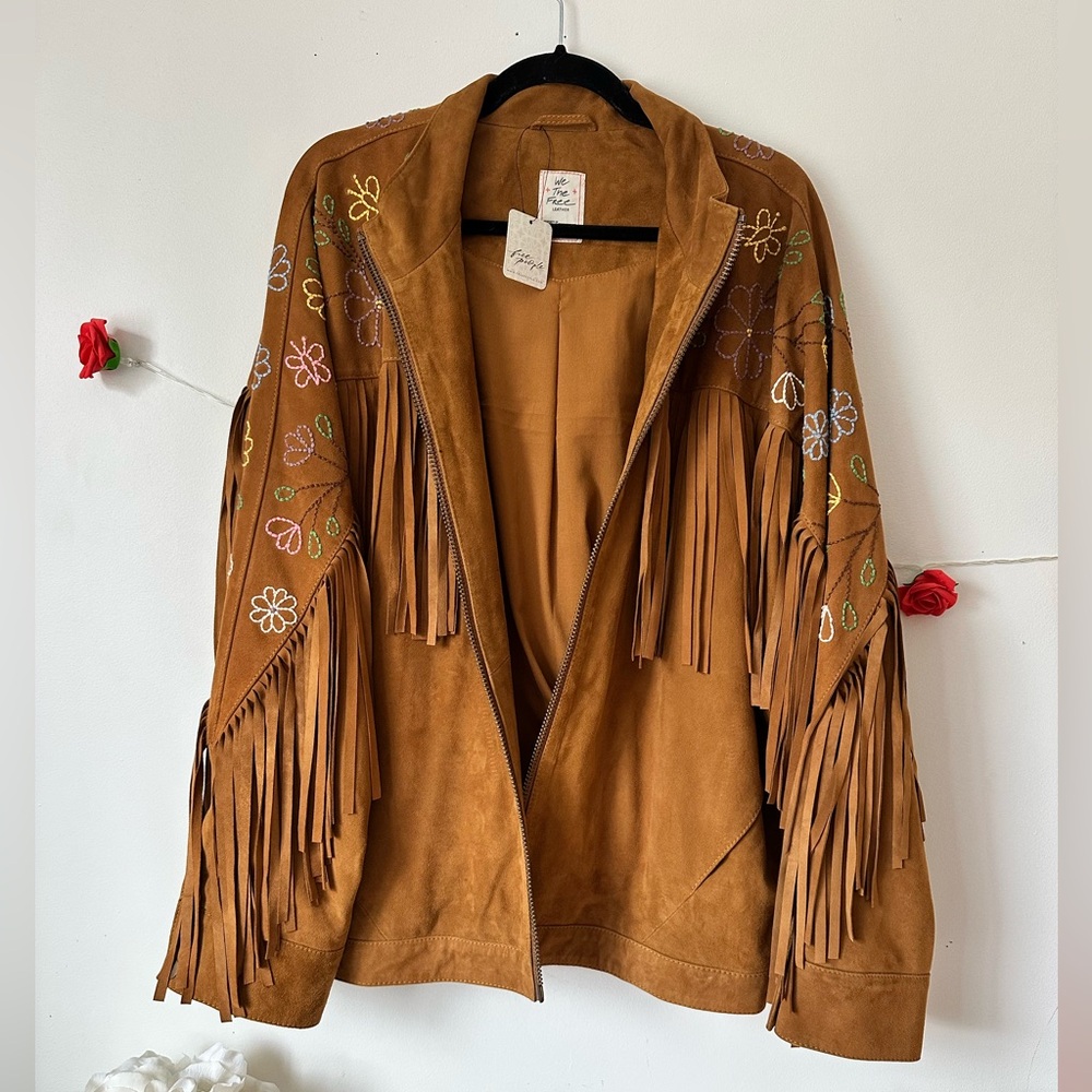 Free People Willa Western Bomber Brown Leather Jacket Fringe Embroidery L XL - Picture 11 of 11